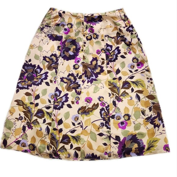 i.e. beautiful gold purple green floral 100% silk vintage midi skirt, size 6 - Picture 2 of 7